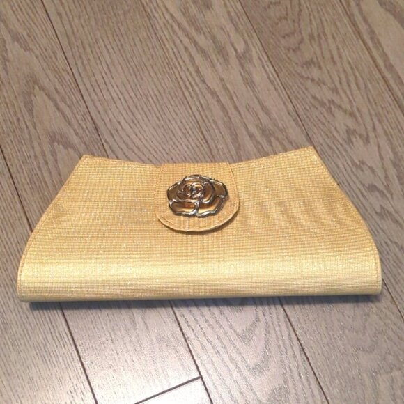 Handbags - Elegant Gold Clutch with Floral Accent - Excellent Condition